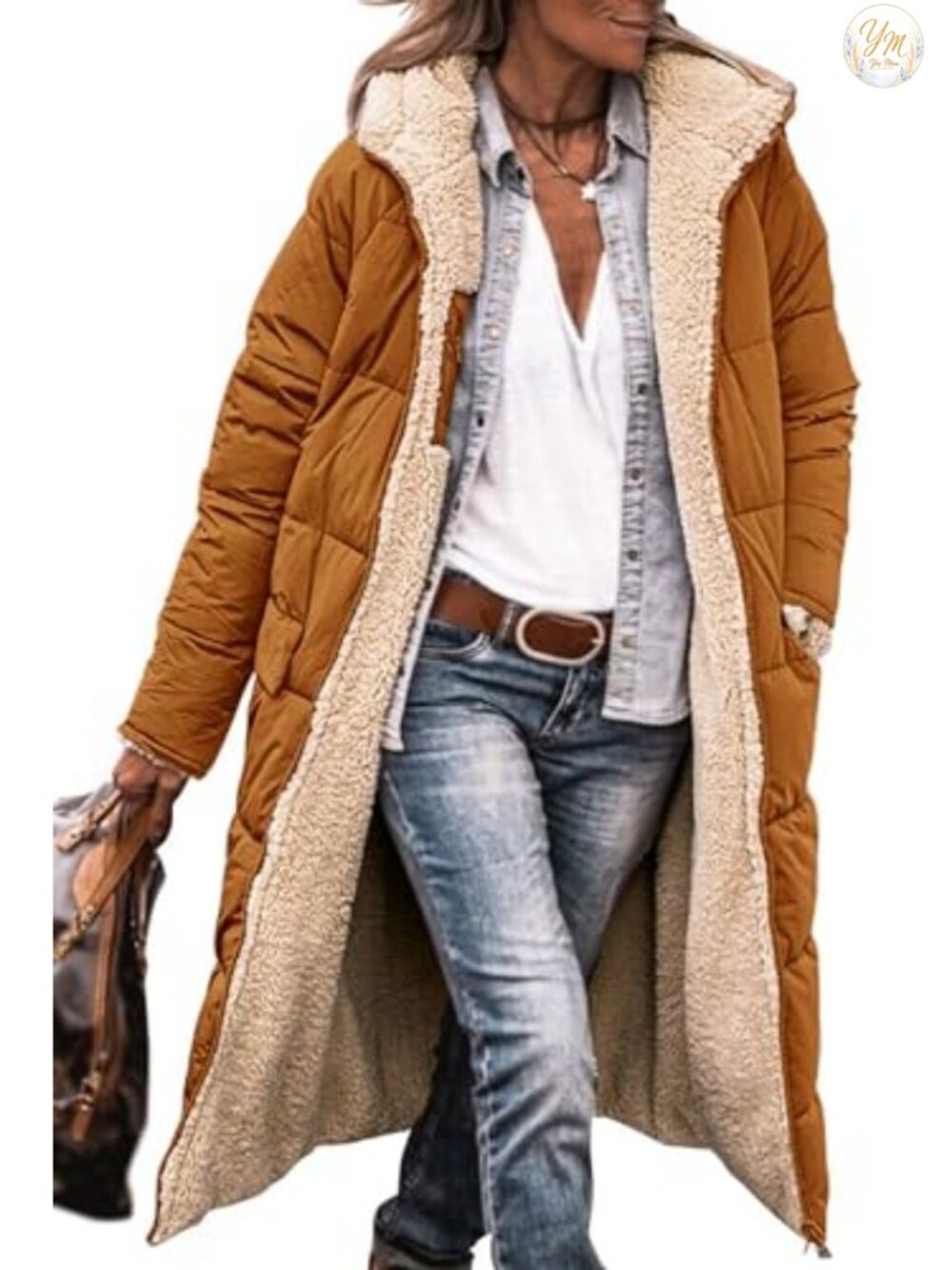 Women's Winter Fleece Long Coat with Hood Zip Pockets